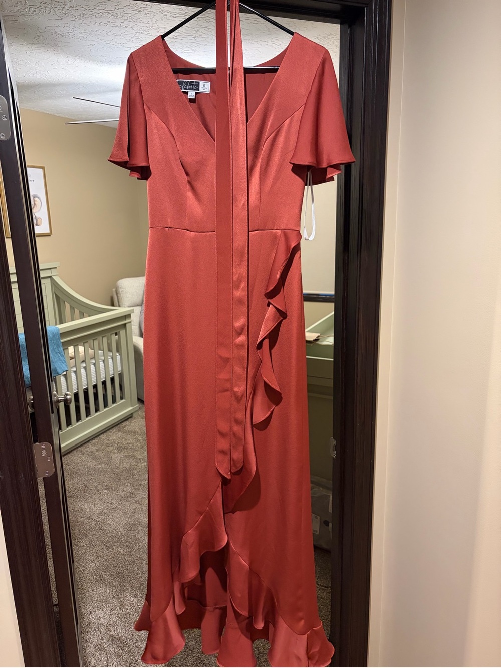 Rina diMontella Rust Red Ruffle Wrap Maxi Dress